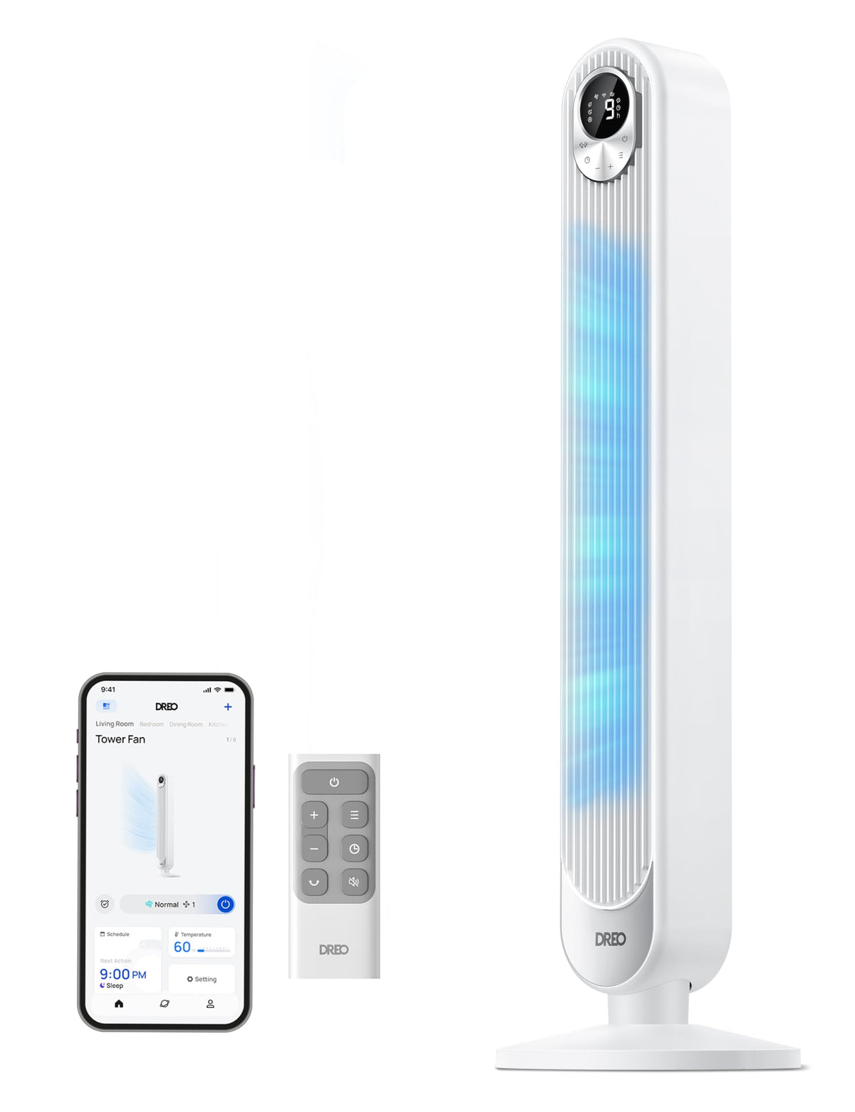 DREO Tower Fan for Bedroom, 26ft/s Velocity, 90° Oscillating, 8H Timer