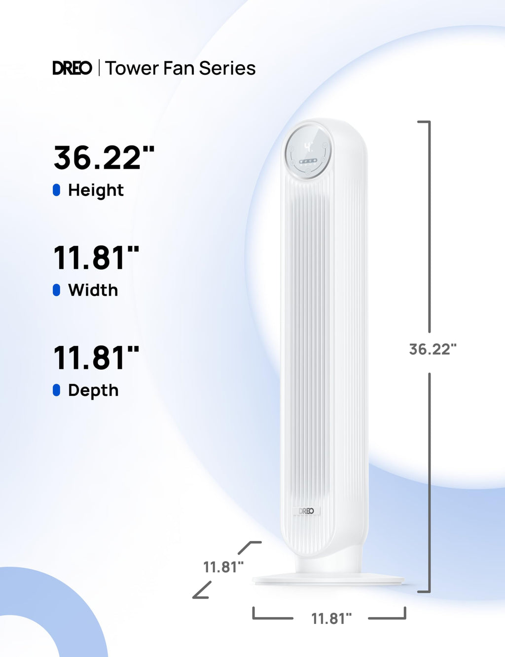 DREO Tower Fan for Bedroom, 26ft/s Velocity, 90° Oscillating, 8H Timer