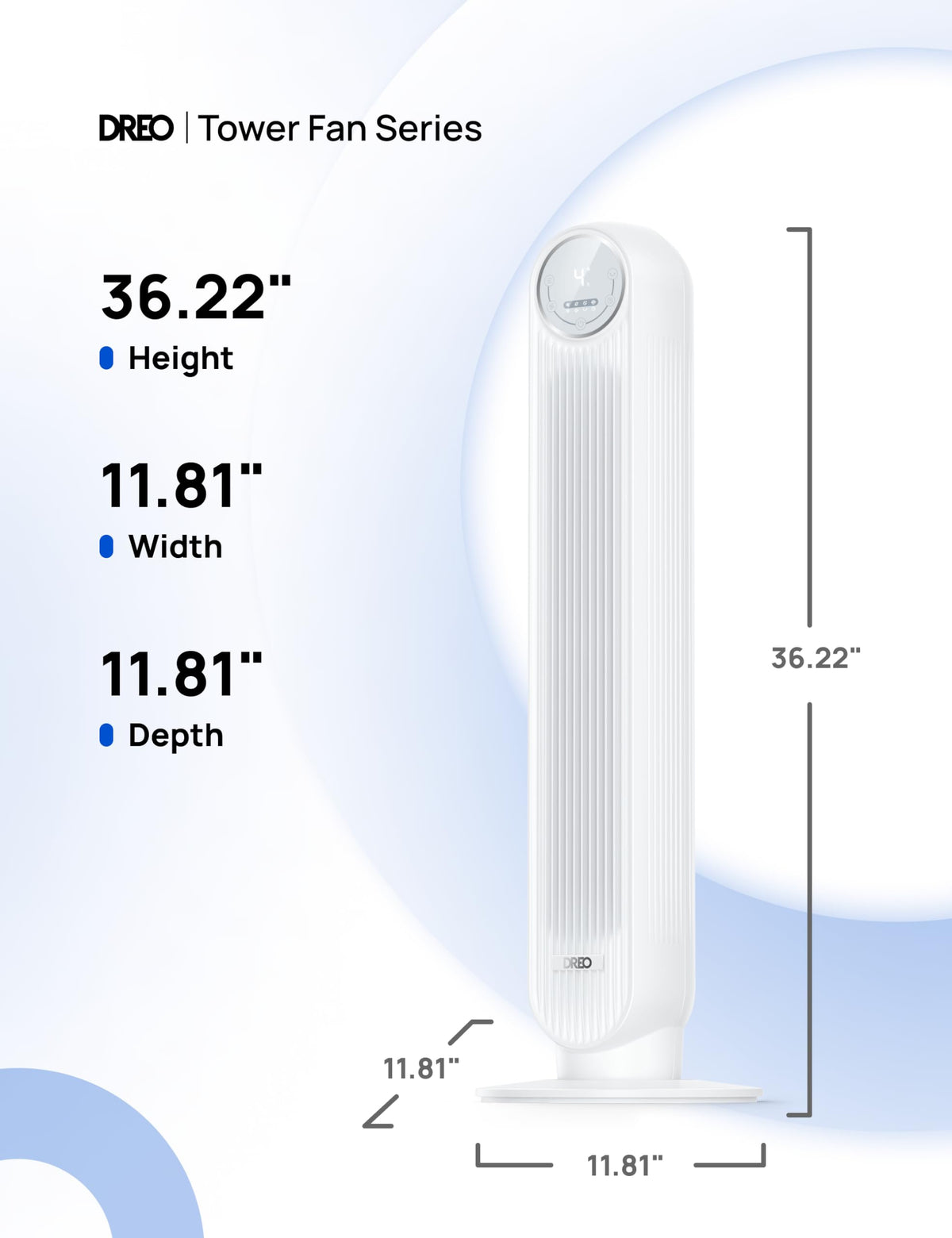 DREO Tower Fan for Bedroom, 26ft/s Velocity, 90° Oscillating, 8H Timer