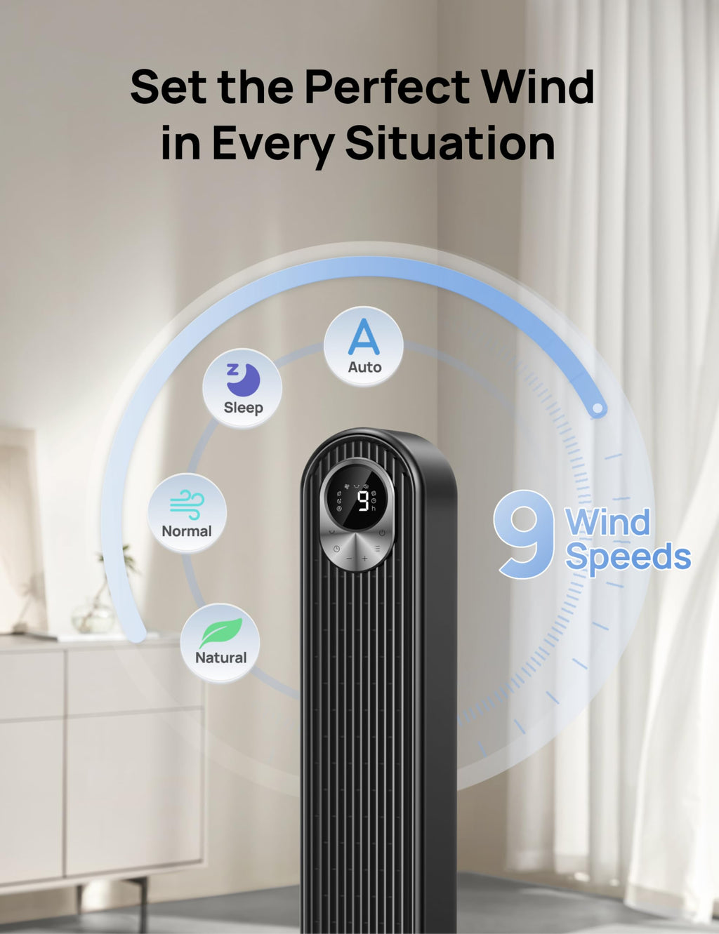 DREO Tower Fan for Bedroom, 26ft/s Velocity, 90° Oscillating, 8H Timer