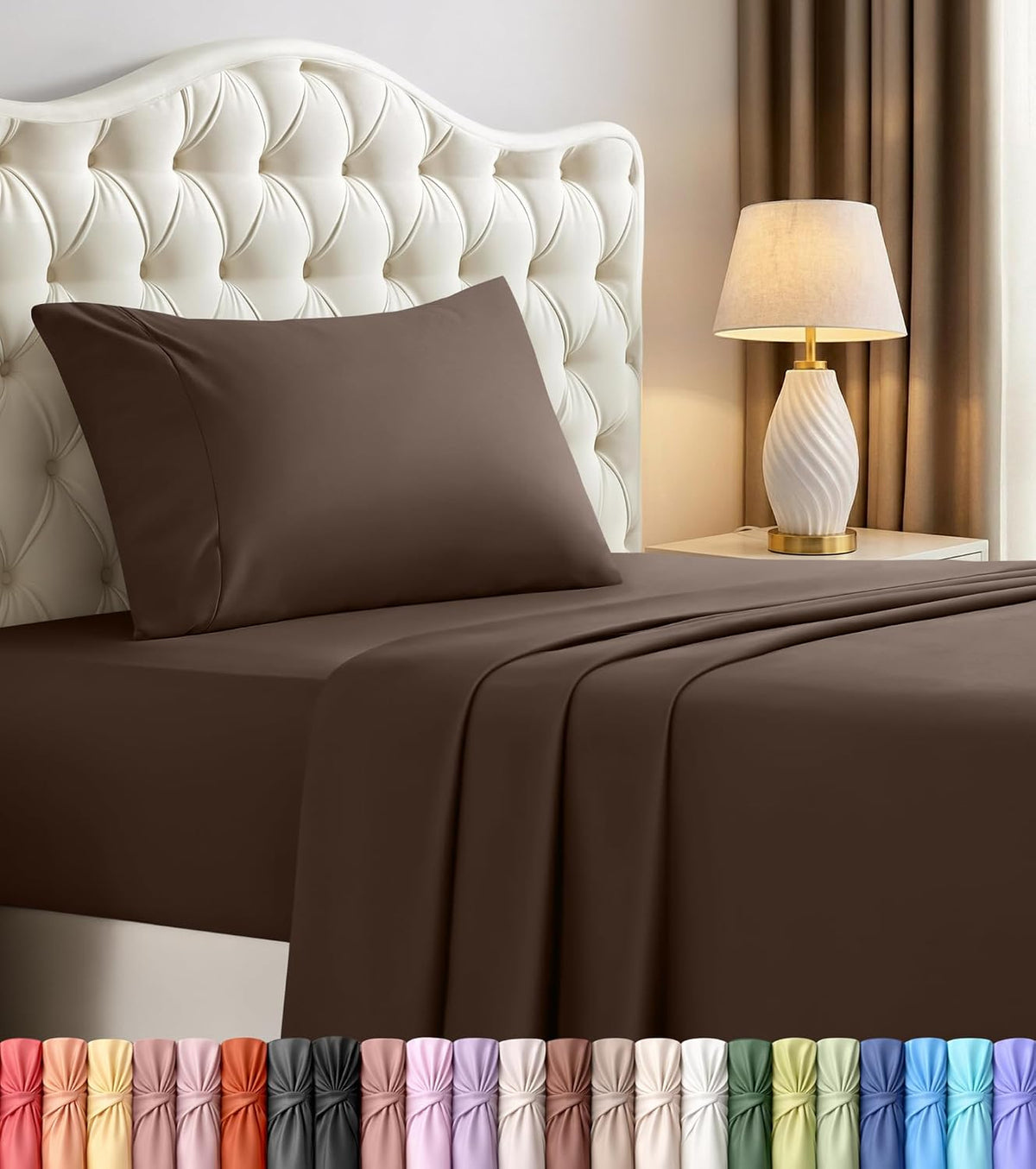 Queen Sheets Set, 4 Pieces 16" Deep Pocket Hotel Luxury Bed Sheets, Brown