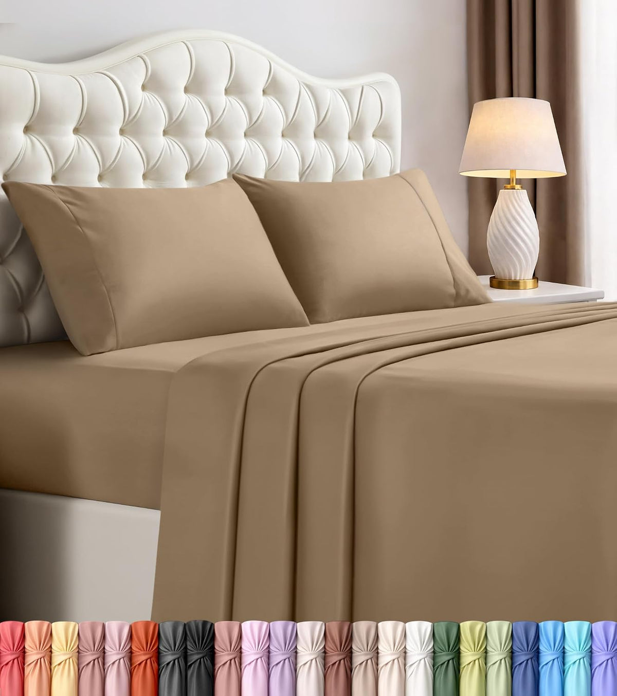 Queen Sheets Set, 4 Pieces 16" Deep Pocket Hotel Luxury Bed Sheets, Brown