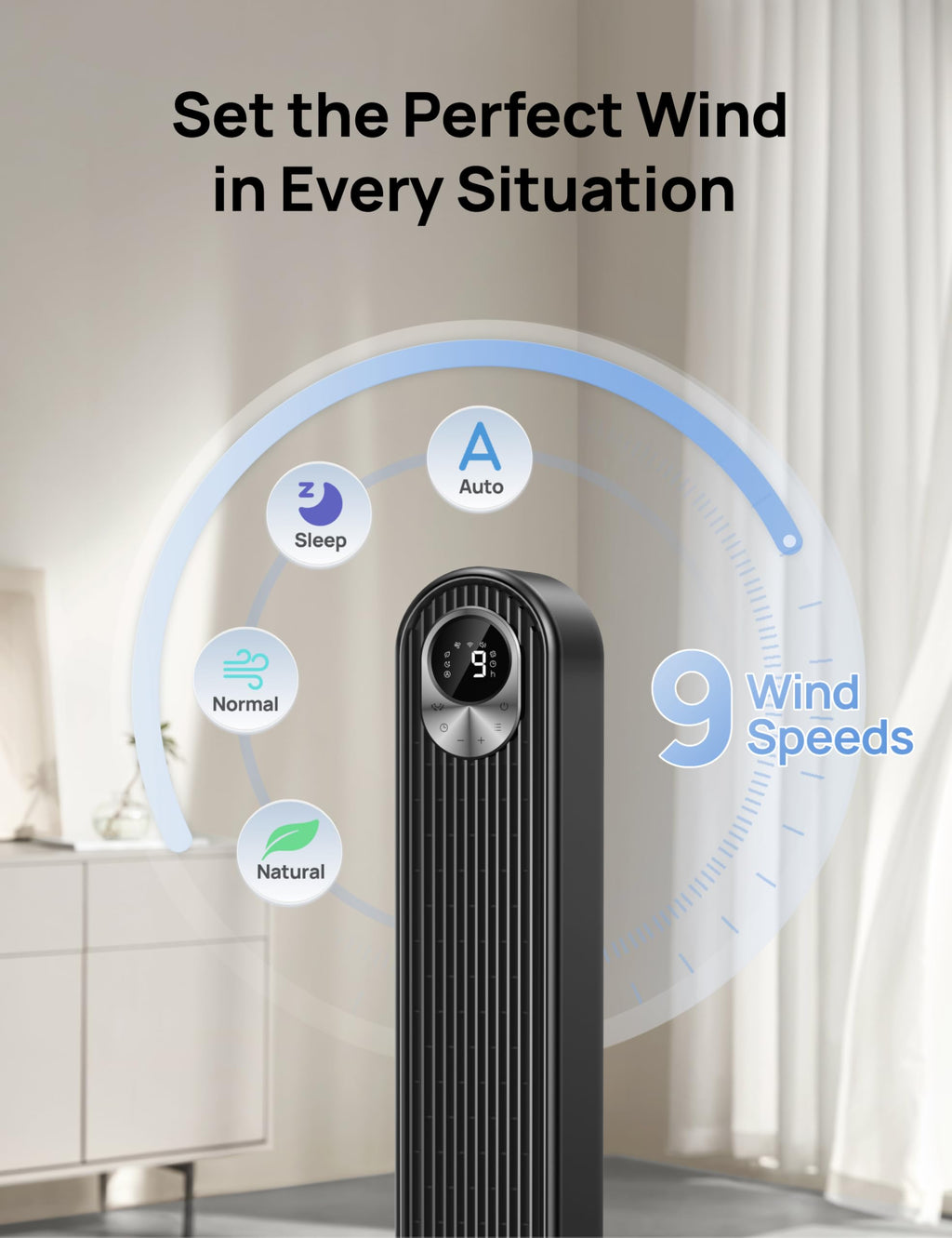 DREO Tower Fan for Bedroom, 26ft/s Velocity, 90° Oscillating, 8H Timer
