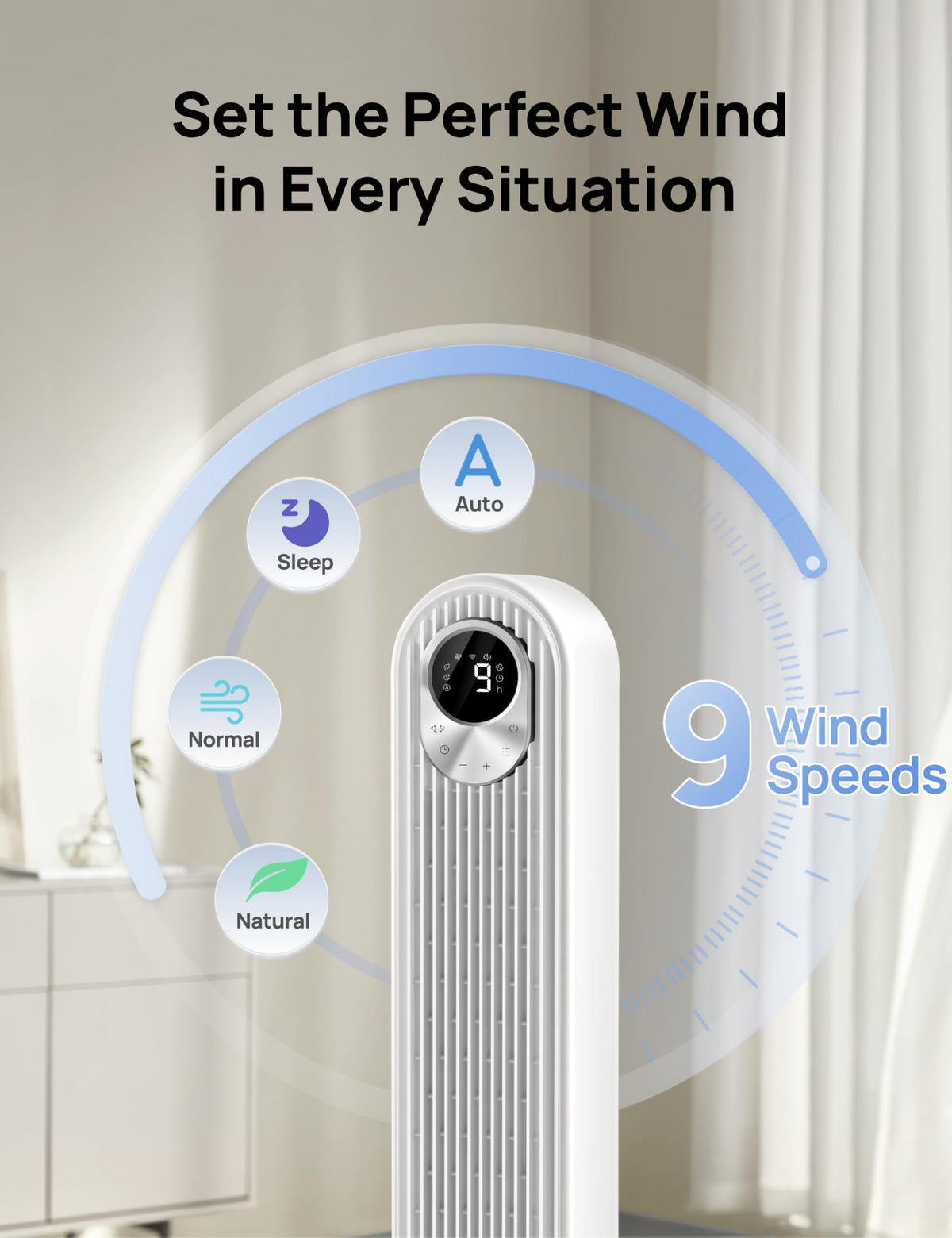 DREO Tower Fan for Bedroom, 26ft/s Velocity, 90° Oscillating, 8H Timer