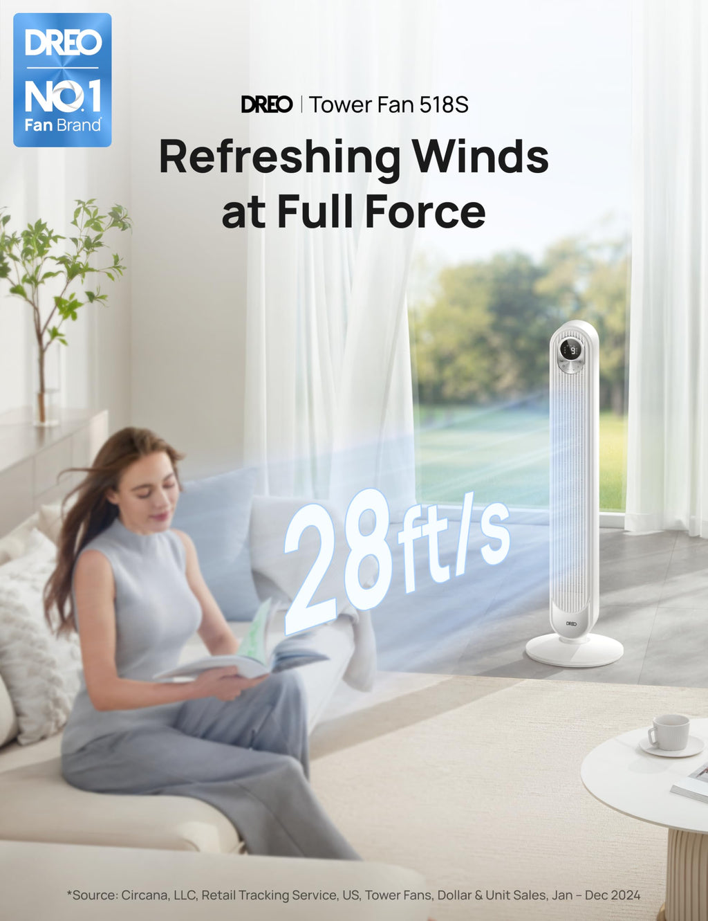 DREO Tower Fan for Bedroom, 26ft/s Velocity, 90° Oscillating, 8H Timer