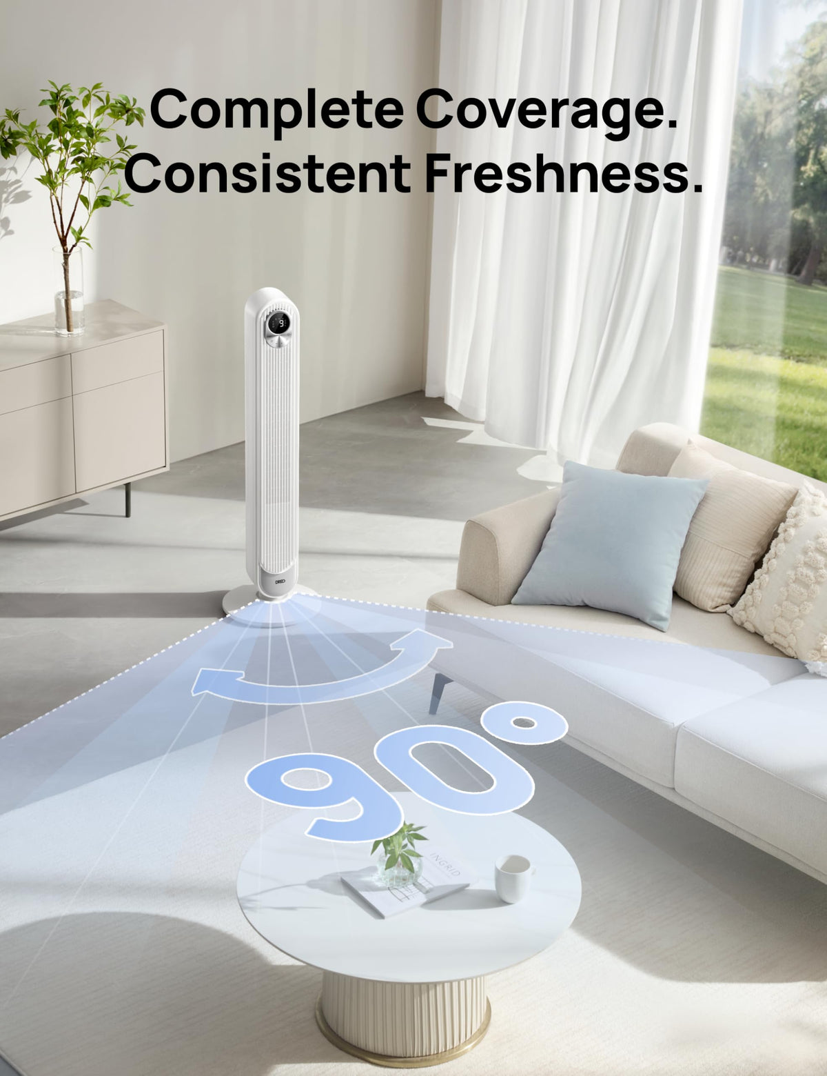 DREO Tower Fan for Bedroom, 26ft/s Velocity, 90° Oscillating, 8H Timer