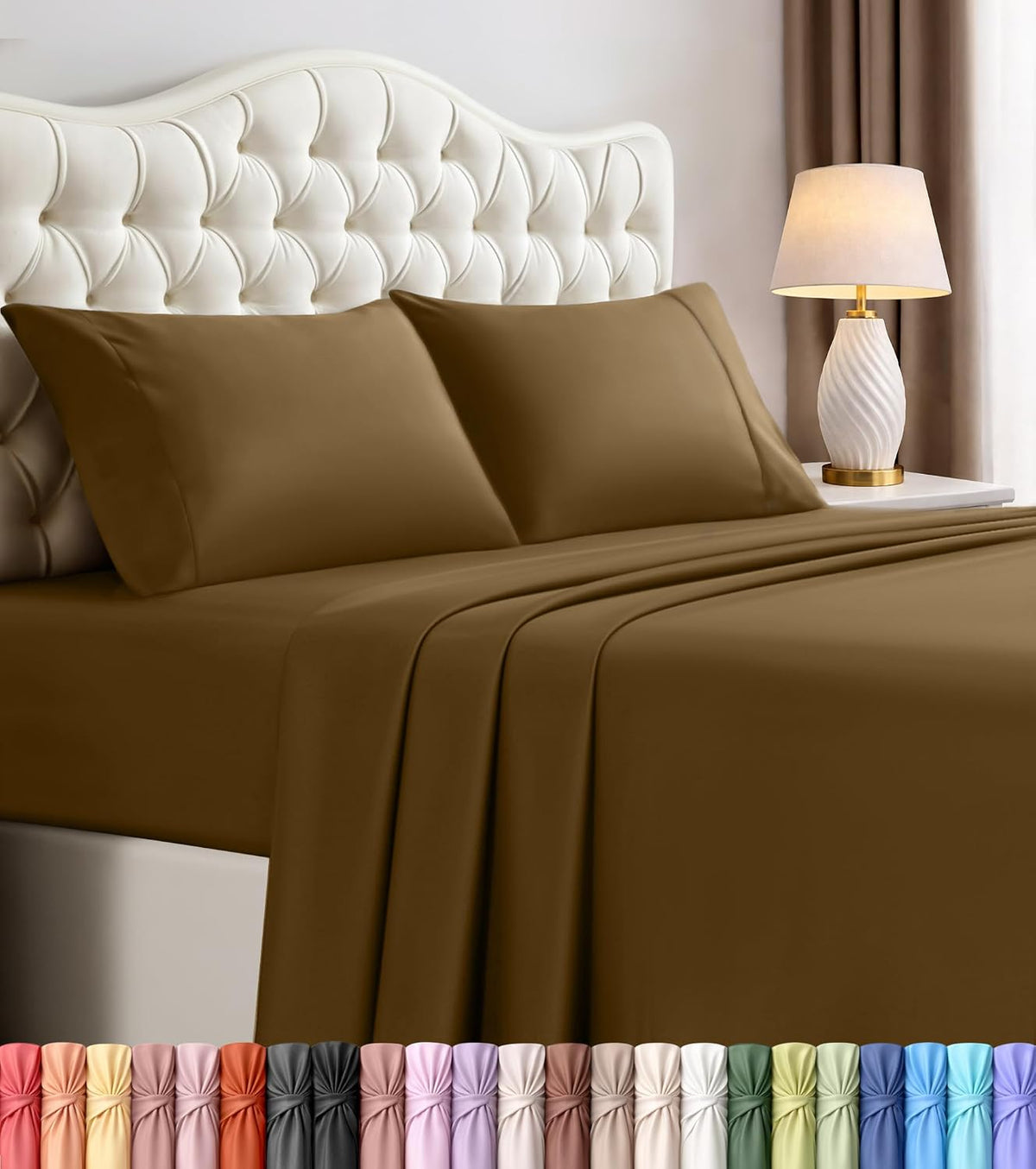 Queen Sheets Set, 4 Pieces 16" Deep Pocket Hotel Luxury Bed Sheets, Brown