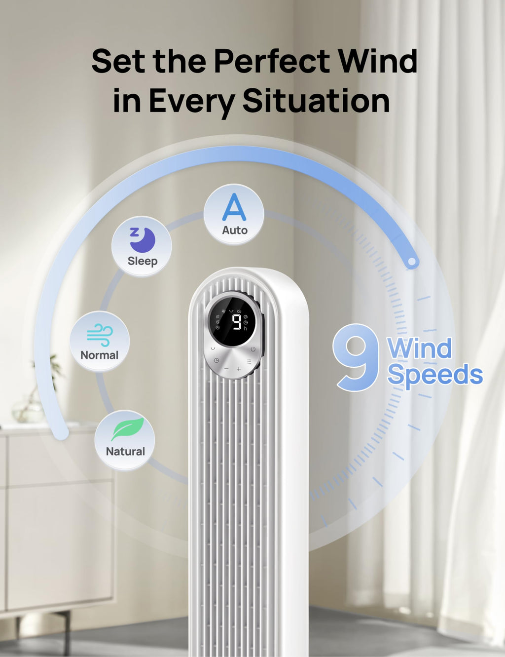 DREO Tower Fan for Bedroom, 26ft/s Velocity, 90° Oscillating, 8H Timer