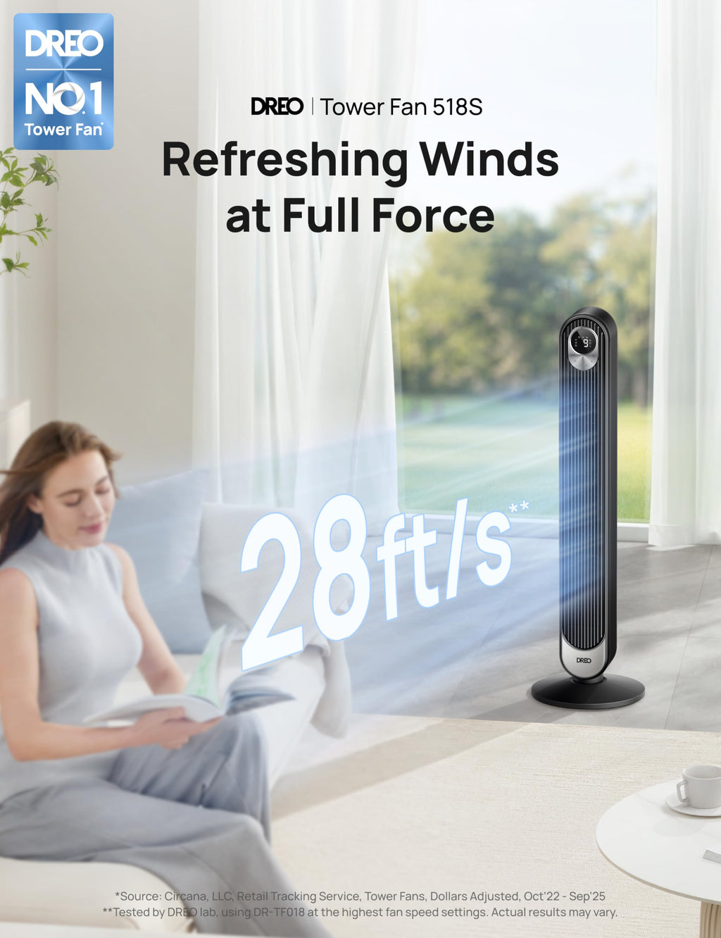 DREO Tower Fan for Bedroom, 26ft/s Velocity, 90° Oscillating, 8H Timer