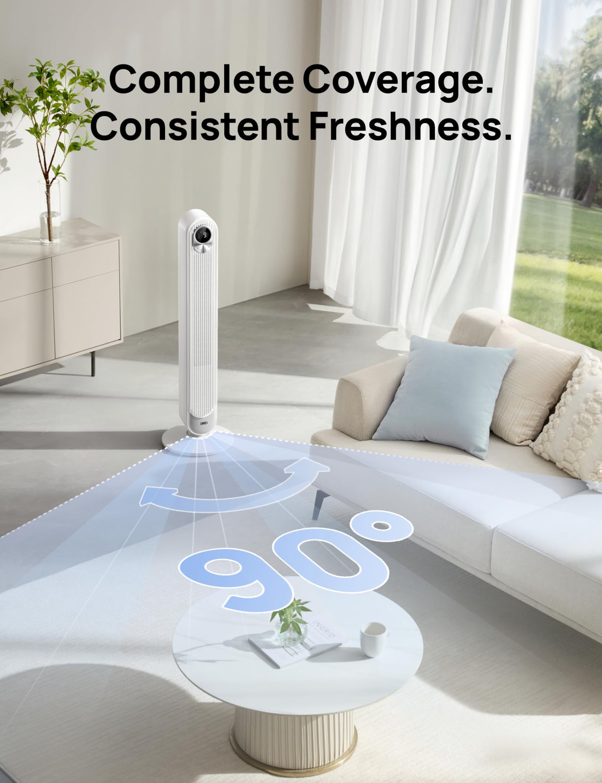 DREO Tower Fan for Bedroom, 26ft/s Velocity, 90° Oscillating, 8H Timer