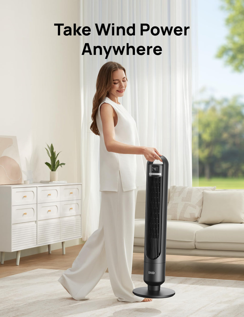 DREO Tower Fan for Bedroom, 26ft/s Velocity, 90° Oscillating, 8H Timer