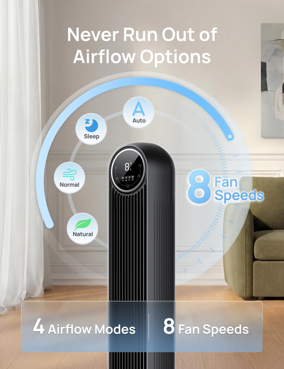 DREO Tower Fan for Bedroom, 26ft/s Velocity, 90° Oscillating, 8H Timer