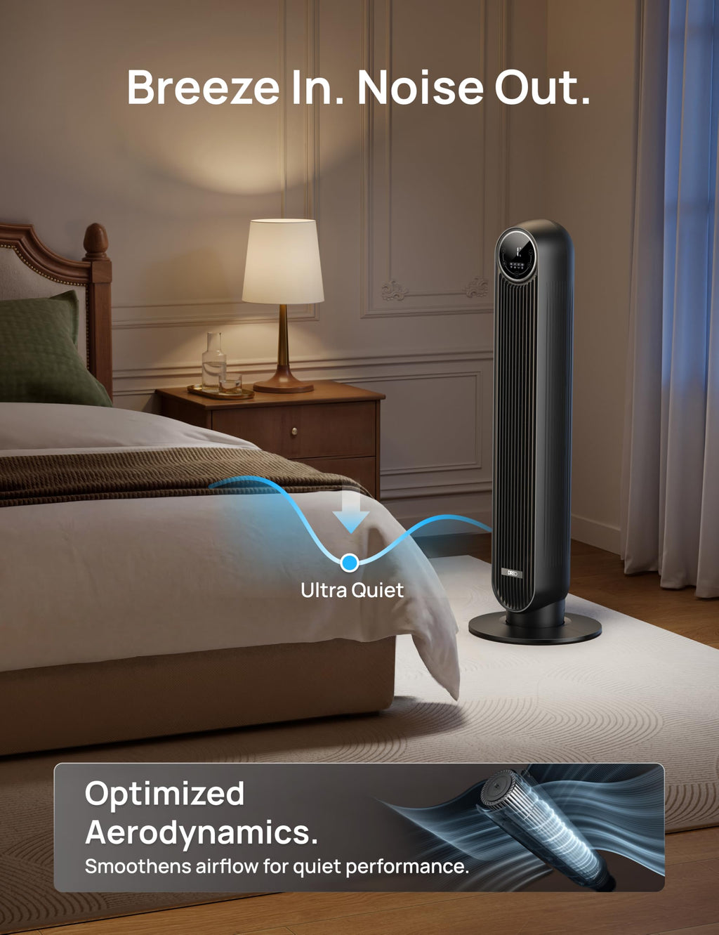 DREO Tower Fan for Bedroom, 26ft/s Velocity, 90° Oscillating, 8H Timer