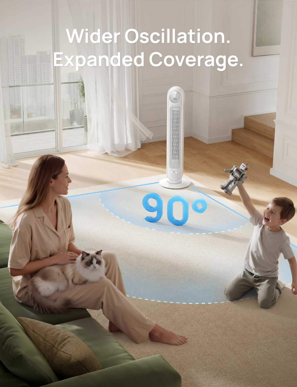 DREO Tower Fan for Bedroom, 26ft/s Velocity, 90° Oscillating, 8H Timer