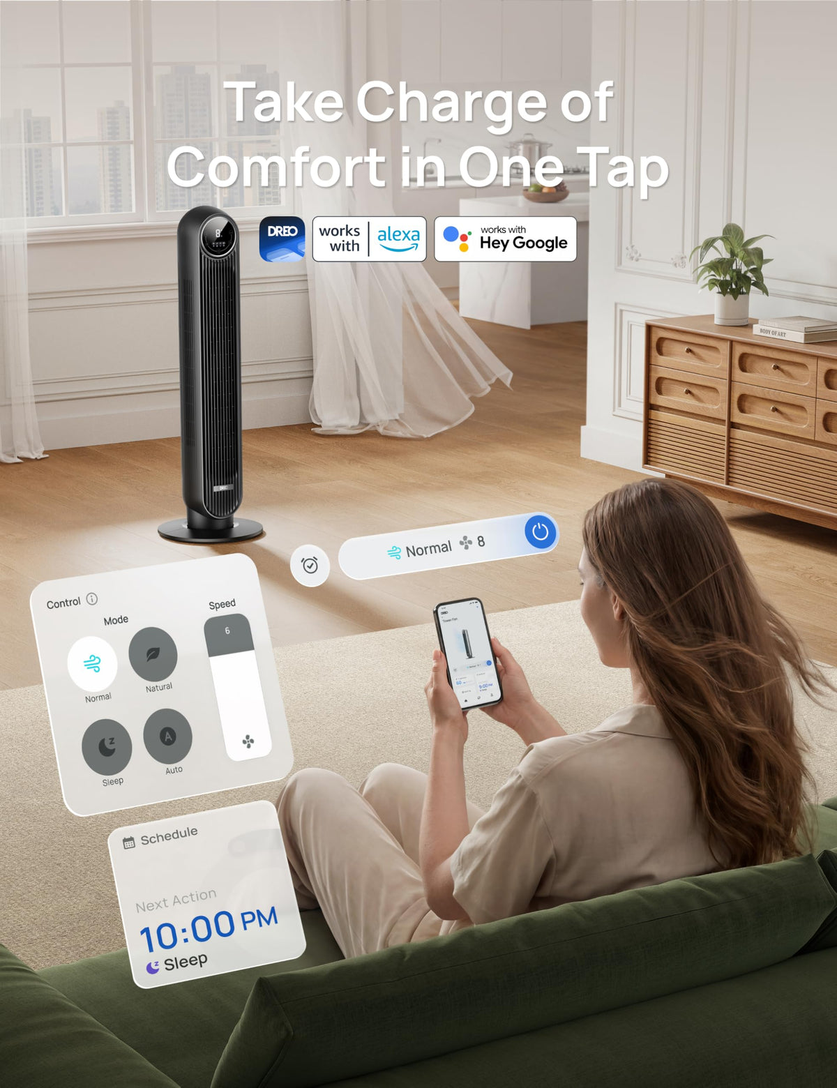 DREO Tower Fan for Bedroom, 26ft/s Velocity, 90° Oscillating, 8H Timer