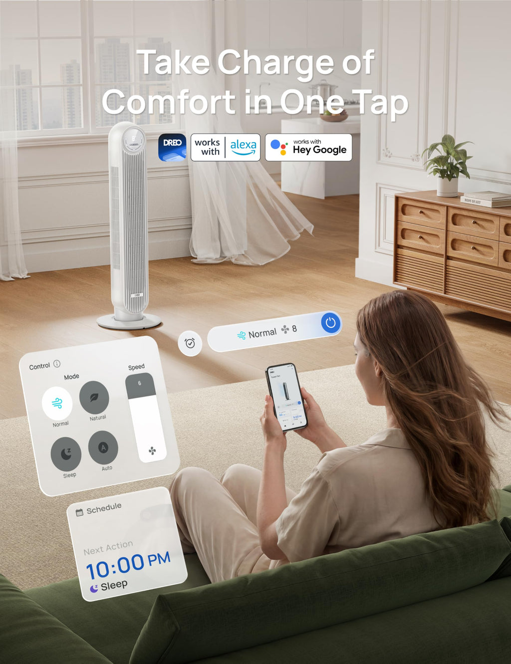 DREO Tower Fan for Bedroom, 26ft/s Velocity, 90° Oscillating, 8H Timer