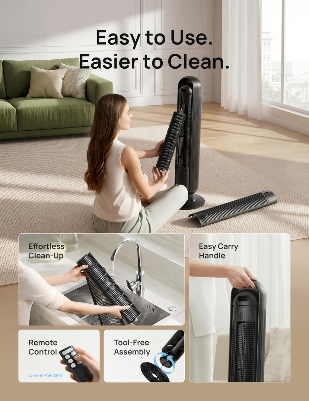 DREO Tower Fan for Bedroom, 26ft/s Velocity, 90° Oscillating, 8H Timer