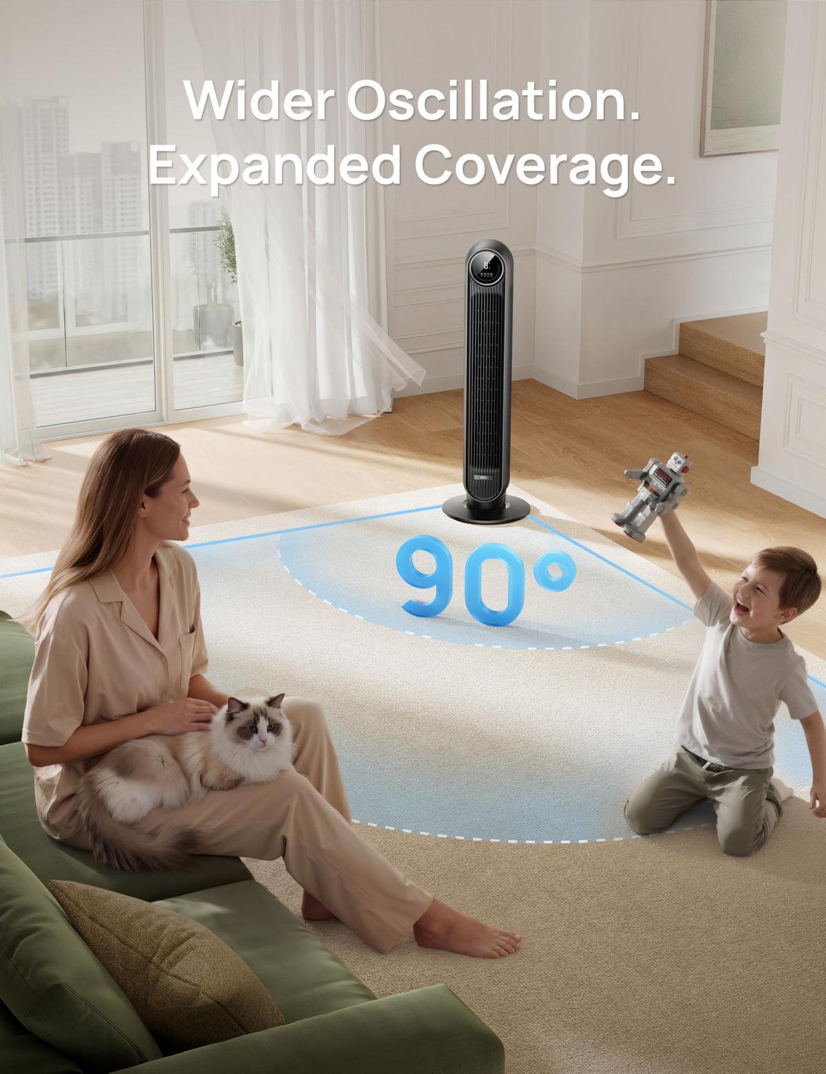 DREO Tower Fan for Bedroom, 26ft/s Velocity, 90° Oscillating, 8H Timer
