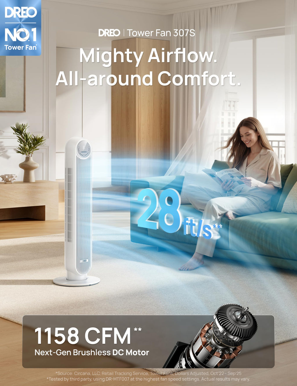 DREO Tower Fan for Bedroom, 26ft/s Velocity, 90° Oscillating, 8H Timer