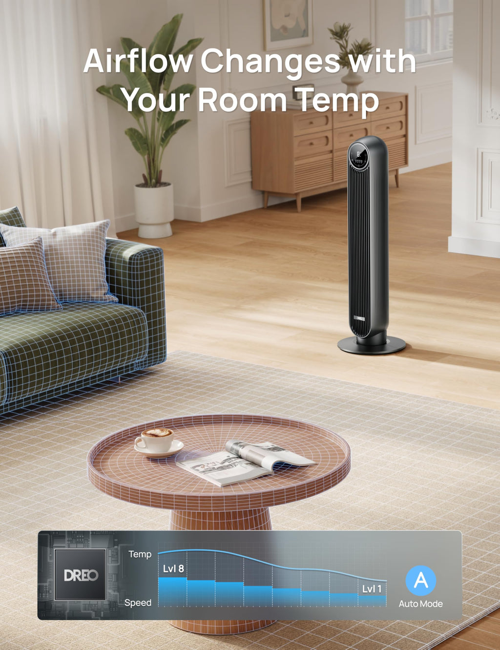 DREO Tower Fan for Bedroom, 26ft/s Velocity, 90° Oscillating, 8H Timer