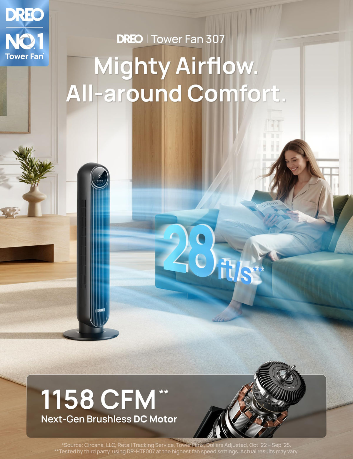 DREO Tower Fan for Bedroom, 26ft/s Velocity, 90° Oscillating, 8H Timer